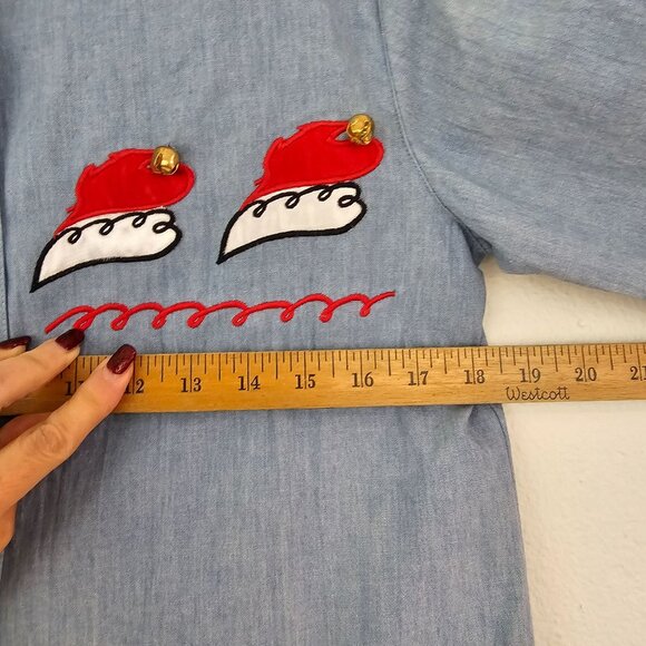 Womens Sz M/L P Blue Cotton Christmas Button Up Shirt Holidays Bells Festive - Picture 6 of 12